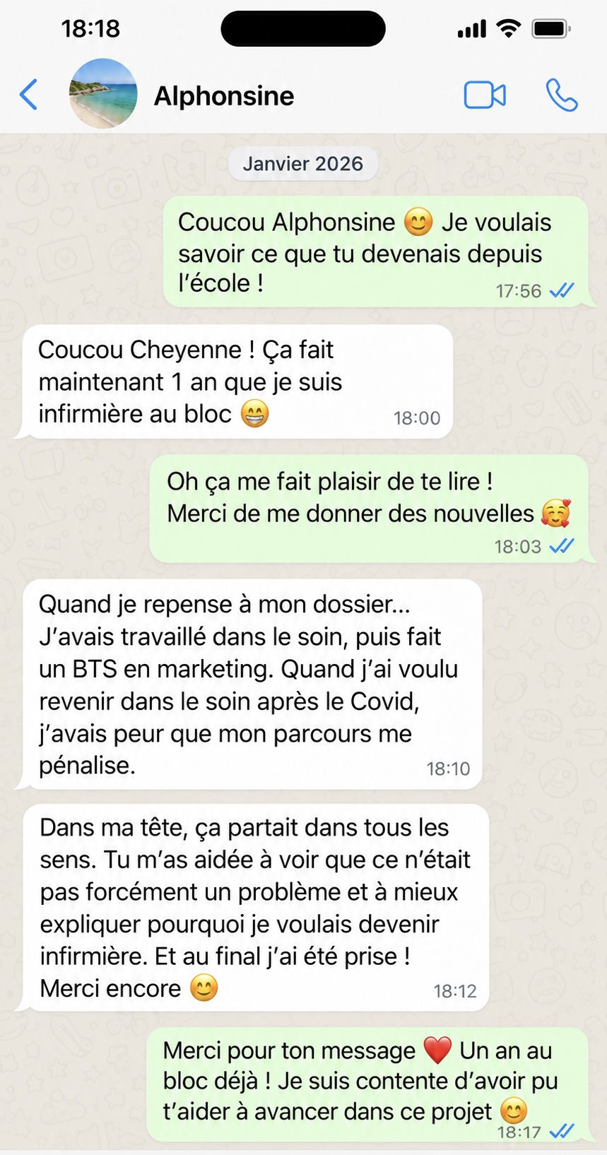 Conversation WhatsApp entre Cheyenne et Alphonsine