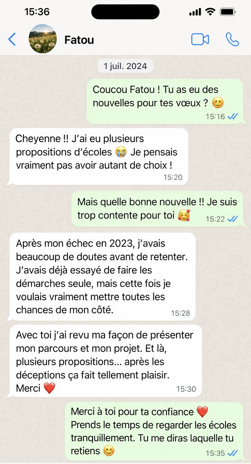 Conversation WhatsApp entre Cheyenne et Fatou
