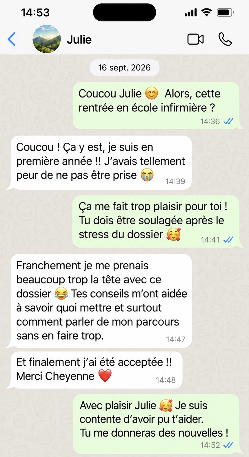 Conversation WhatsApp entre Cheyenne et Julie